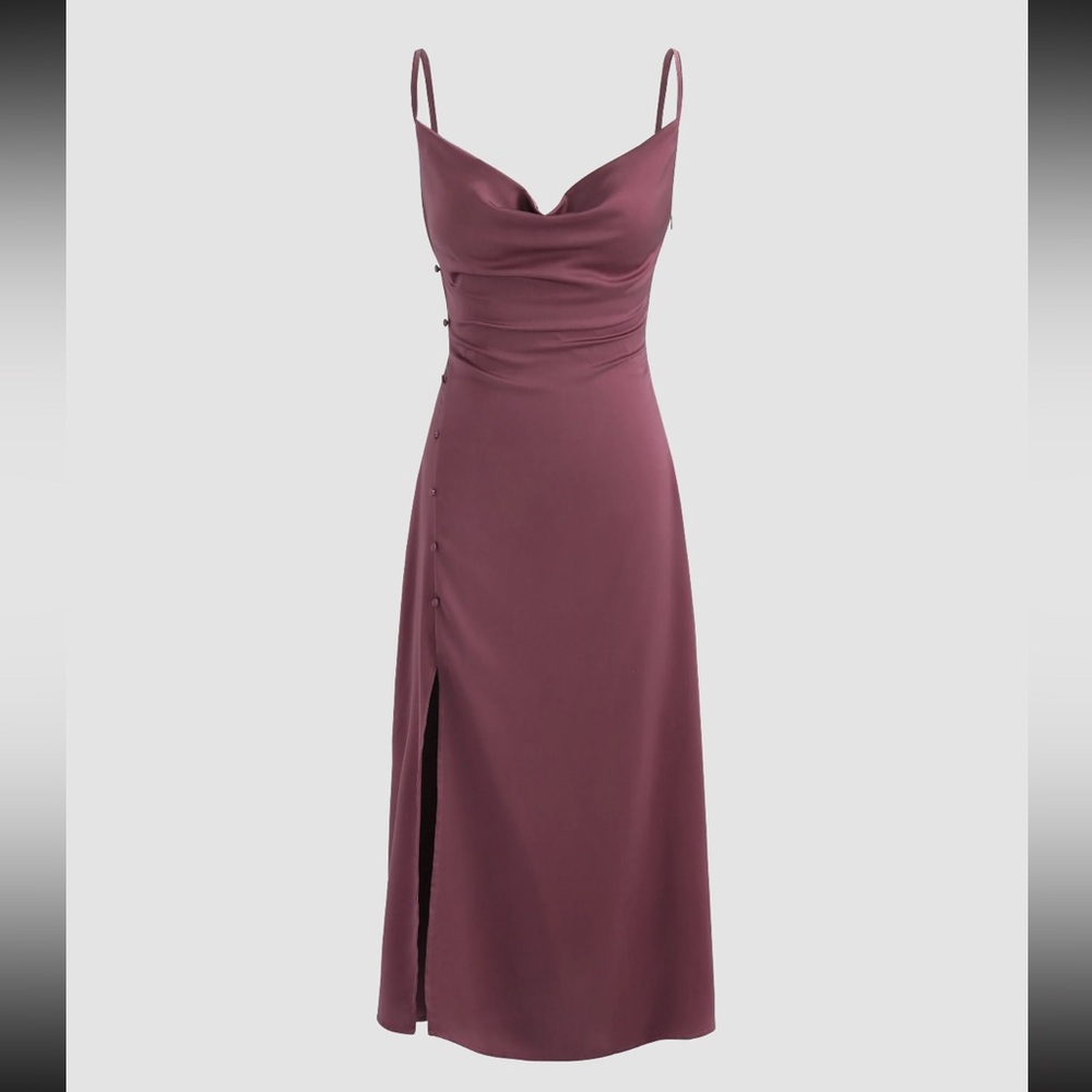 Cider: Solid Cowl Neck Slit Midi Dress
